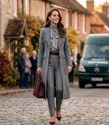 ParisSelectBook - Kate Middleton associe 3 tendances automnales en un seul look gris et bordeaux