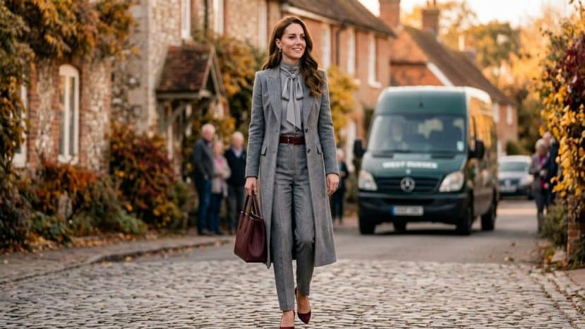 ParisSelectBook - Kate Middleton associe 3 tendances automnales en un seul look gris et bordeaux
