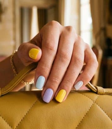 ParisSelectBook - Iris Law chez YSL a osé la manucure dépareillée pastel et jaune canari cet automne