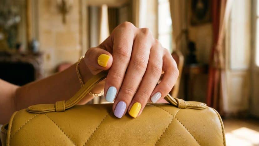 ParisSelectBook - Iris Law chez YSL a osé la manucure dépareillée pastel et jaune canari cet automne