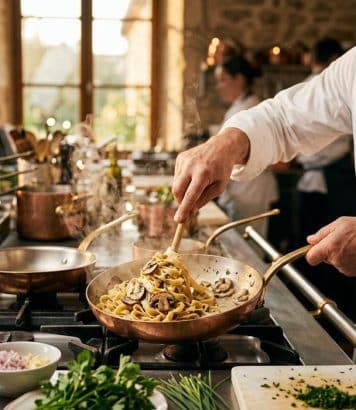 ParisSelectBook - Philippe Etchebest transforme des pâtes aux champignons en plat de brasserie avec du vin blanc et de la crème