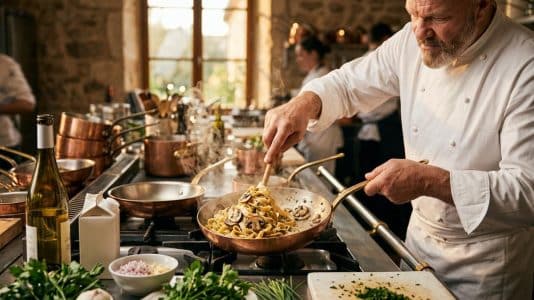 ParisSelectBook - Philippe Etchebest transforme des pâtes aux champignons en plat de brasserie avec du vin blanc et de la crème