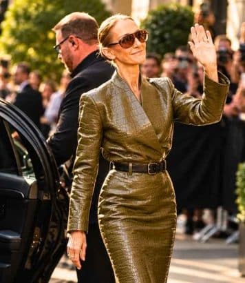 Céline Dion salue ses fans à Paris dans l'ensemble en cuir kaki Ferragamo vu à Milan